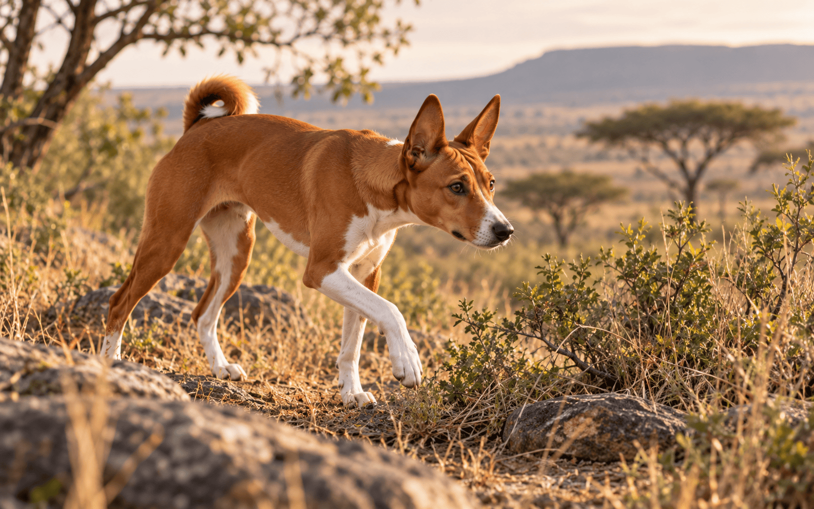 A brown and white dog with upright ears walks through dry grass in a savanna dog-friendly landscape.