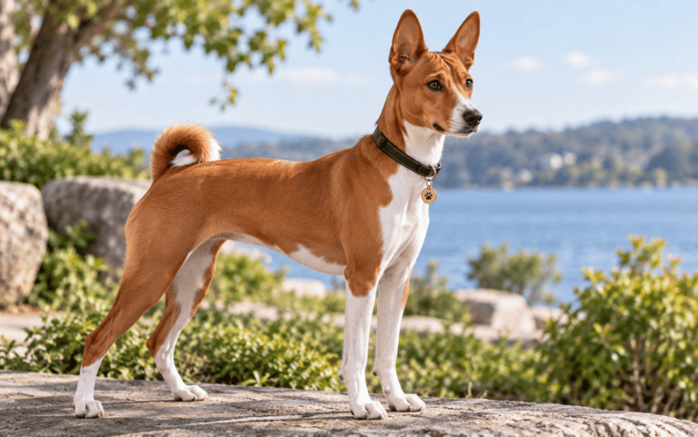 What Is a Basenji Dog. A brown and white dog stands alert on a stone path by water and trees, perfect for nature lovers.