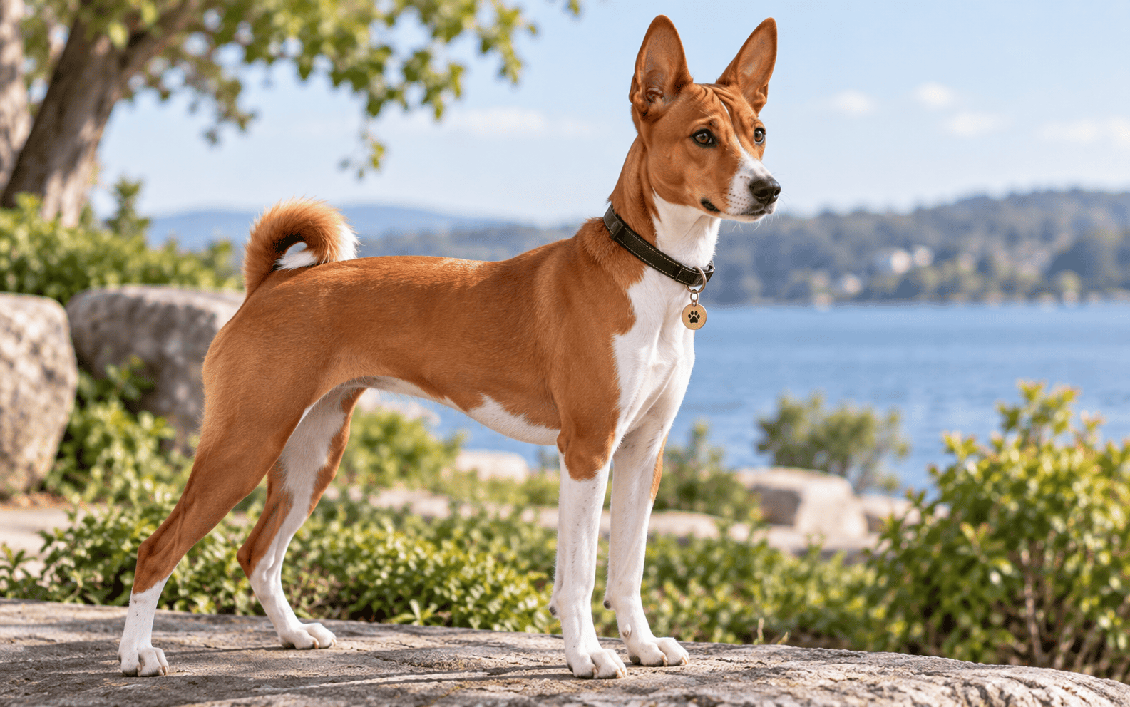 What Is a Basenji Dog. A brown and white dog stands alert on a stone path by water and trees, perfect for nature lovers.