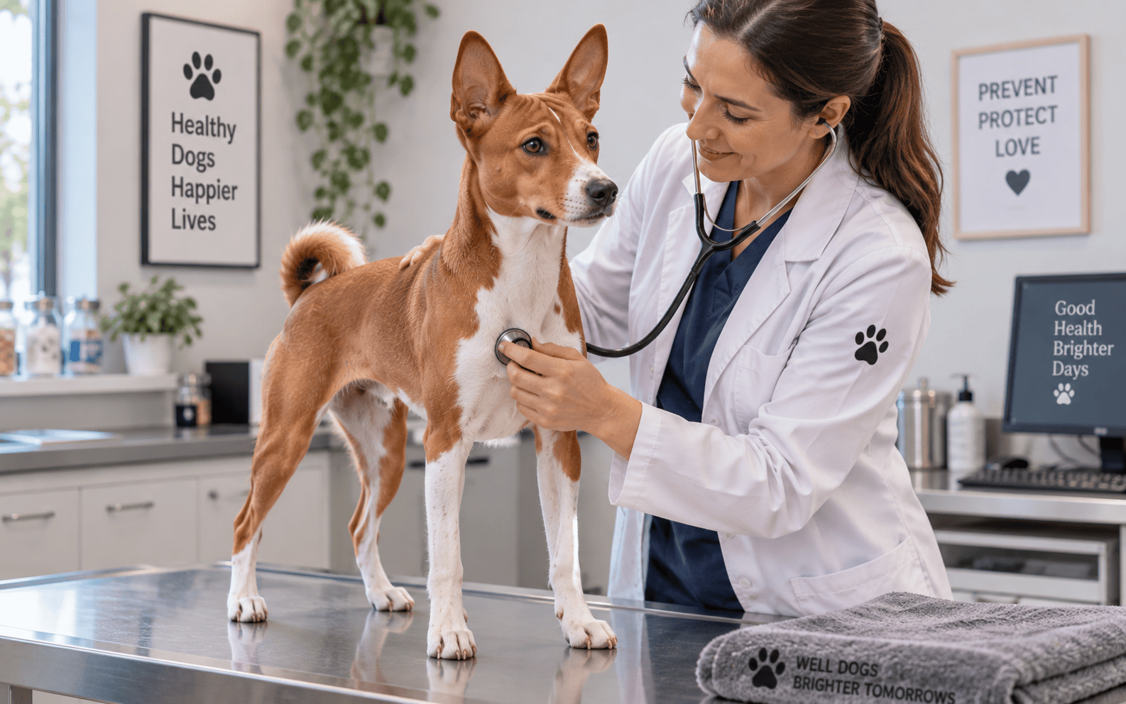 A veterinarian uses a stethoscope to check a brown and white dog in a modern animal clinic exam room.