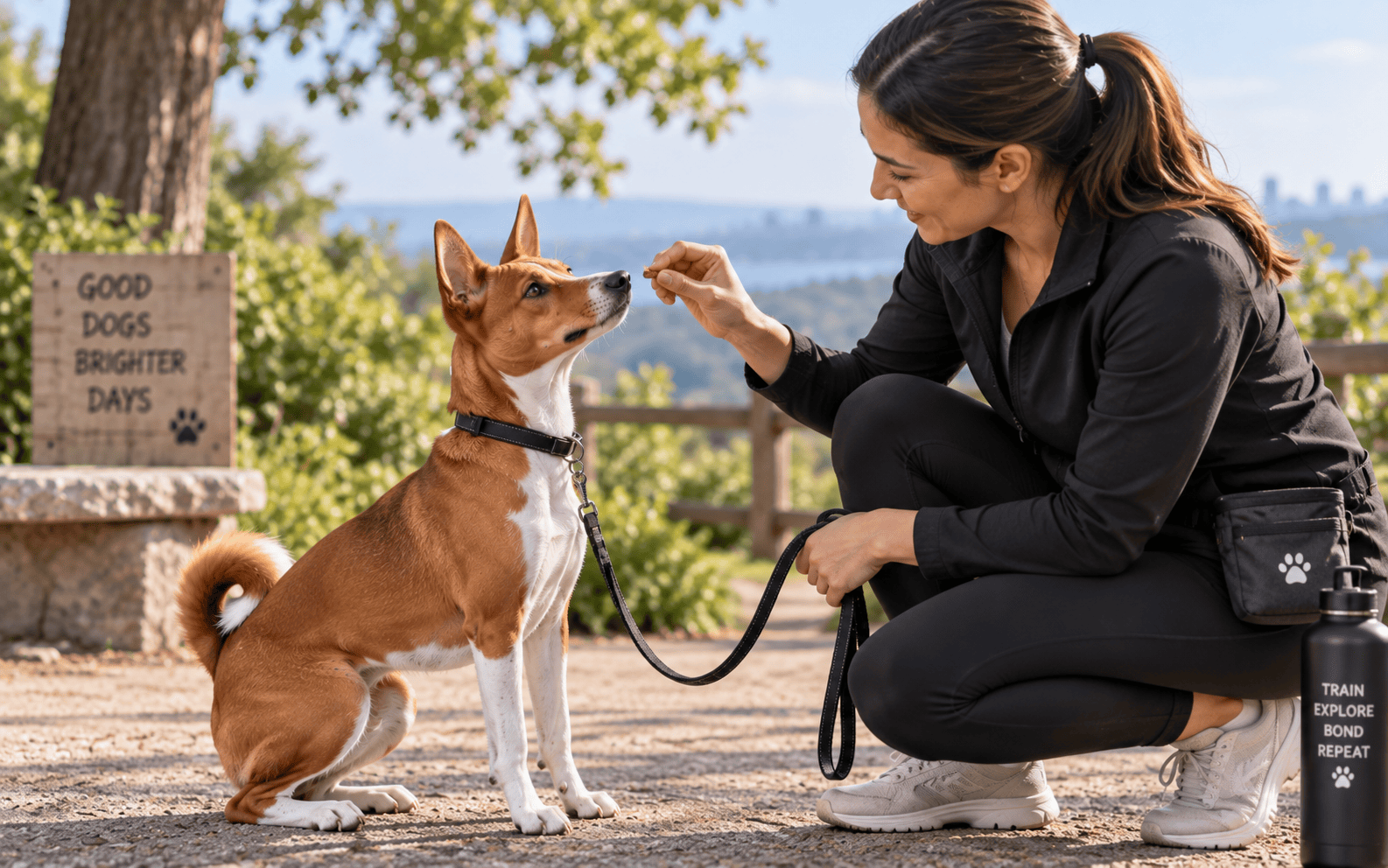 A woman kneels outdoors, giving a treat to her brown and white dog on a leash by a park bench.