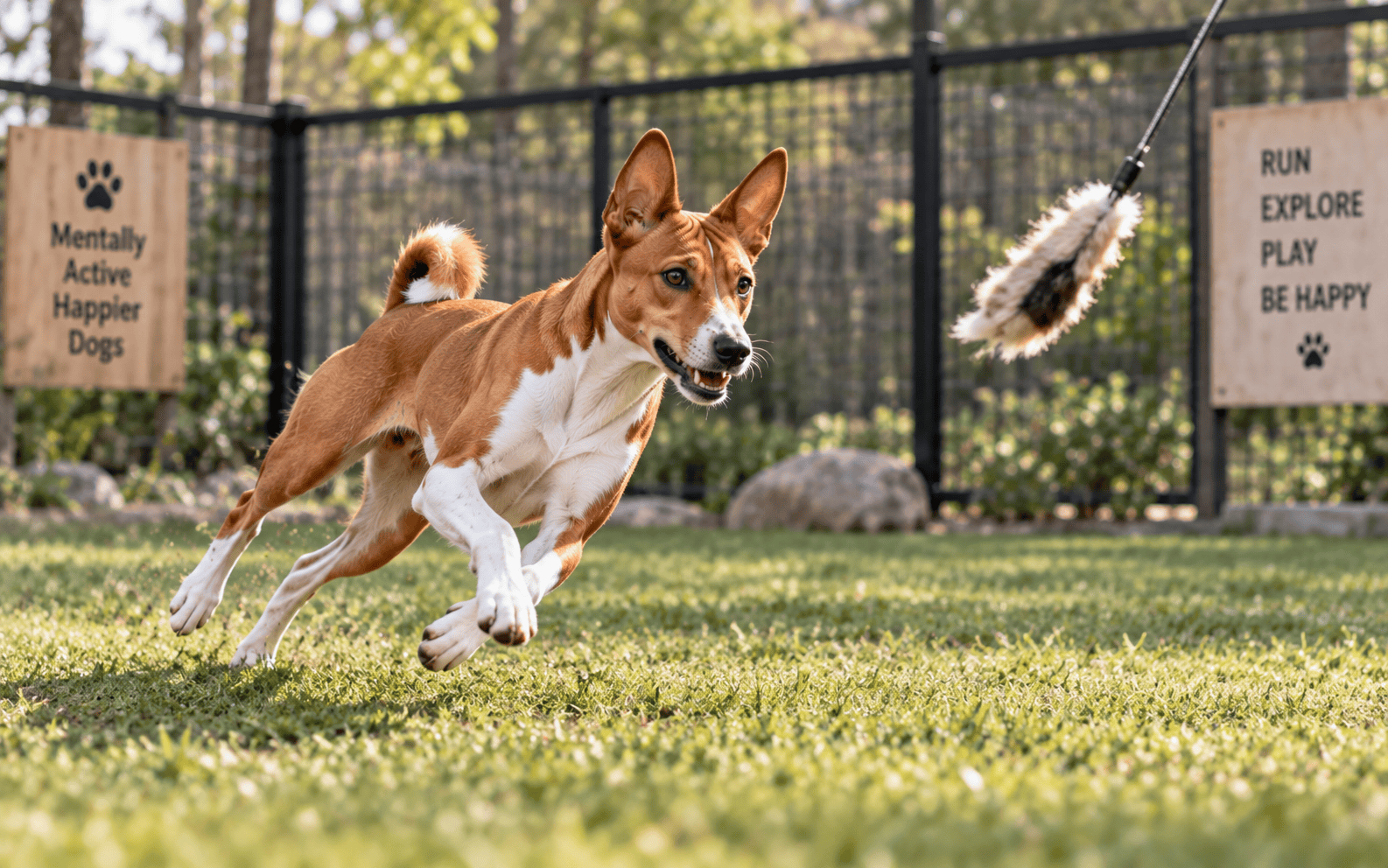 A brown and white dog excitedly chases a fuzzy toy in a grassy, fenced area on a sunny day.