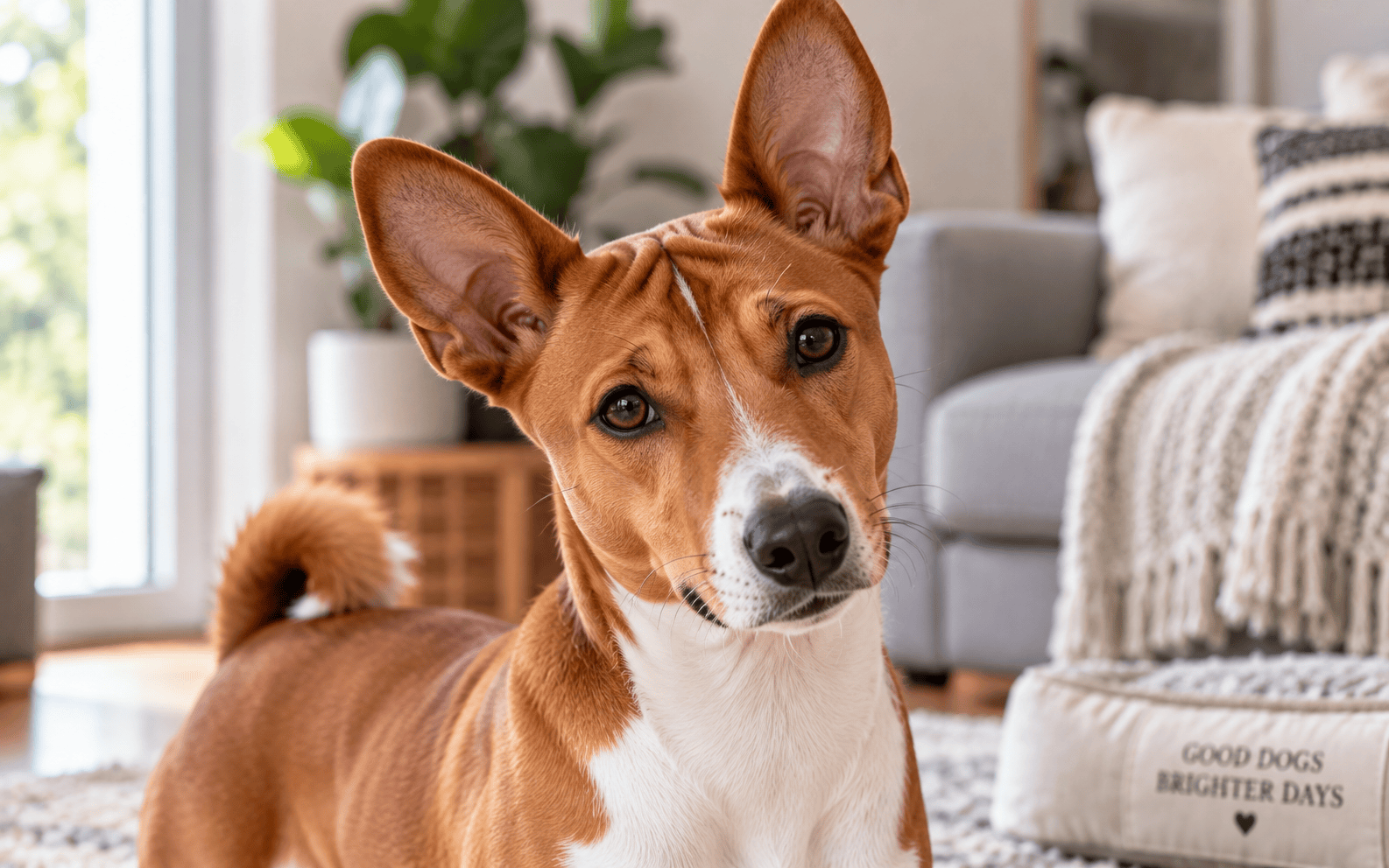A brown and white dog with large ears tilts its head in a cozy living room with plants and a dog bed.