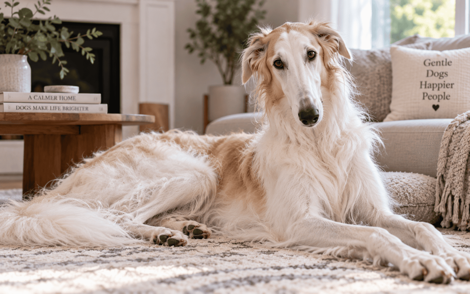 A long-haired cream and tan dog lies on a cozy rug in a sunlit living room, relaxing peacefully.