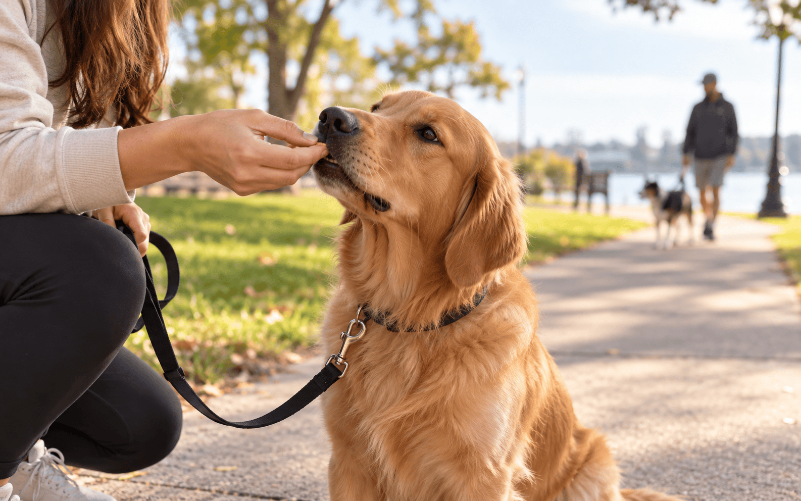 A person gives a treat to a golden retriever on a park in long island path as people walk in the background.