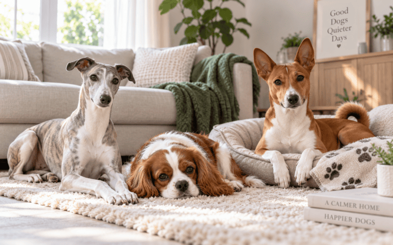 Three dogs rest on beds and a rug in a bright living room with dog-themed decor and books visible.