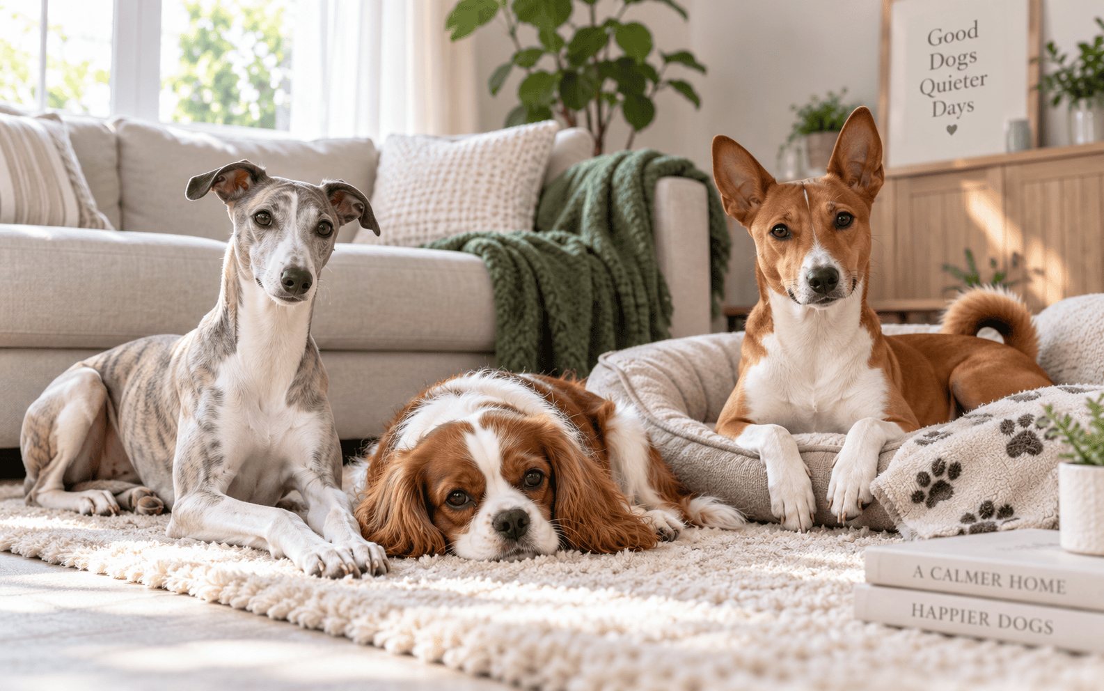 Three dogs rest on beds and a rug in a bright living room with dog-themed decor and books visible.
