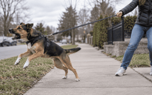 A person holds a leash as an excited dog pulls ahead on a suburban sidewalk during a neighborhood walk.