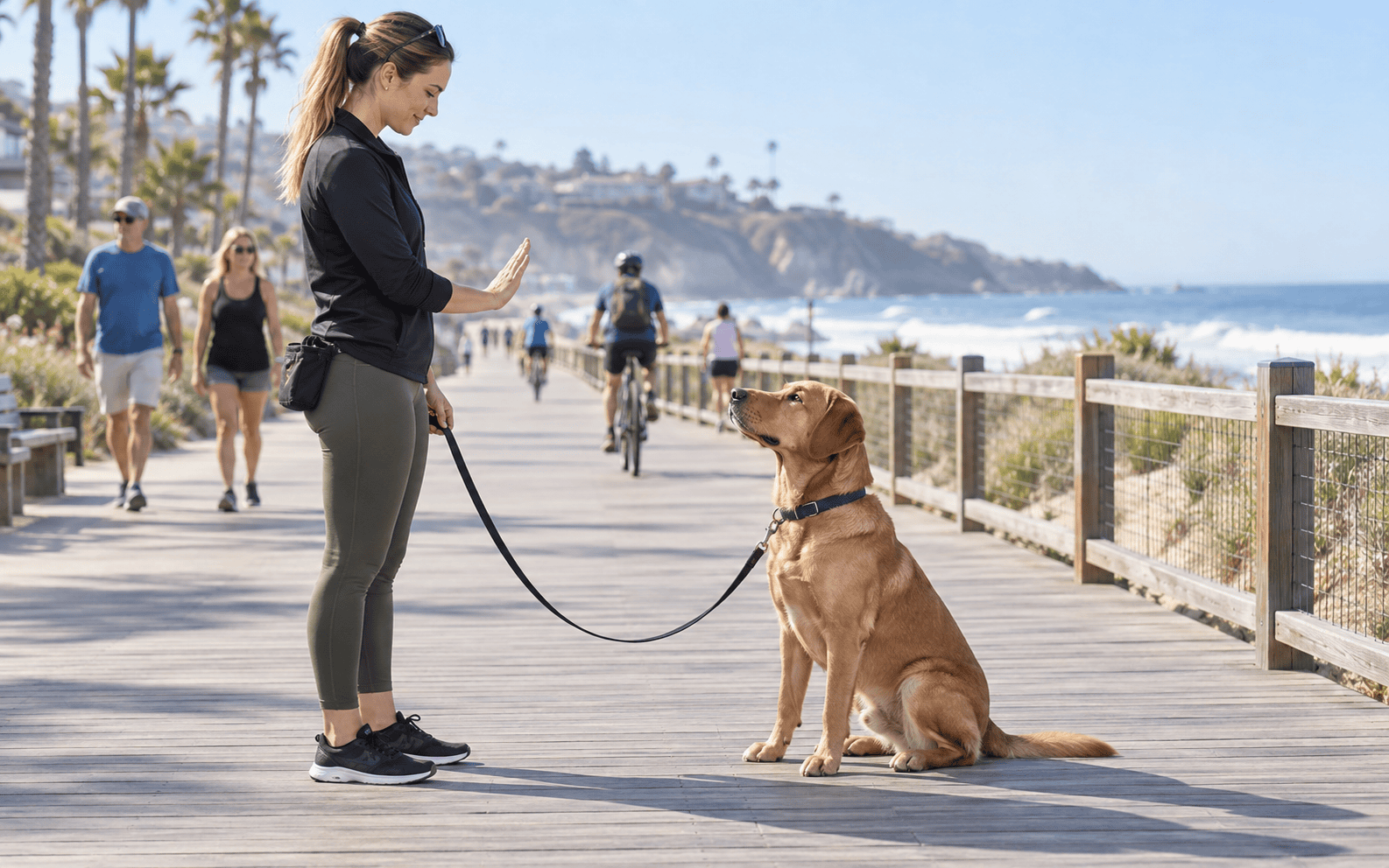 Woman holding leash gives “stay” command to a sitting dog on a sunny beach boardwalk.