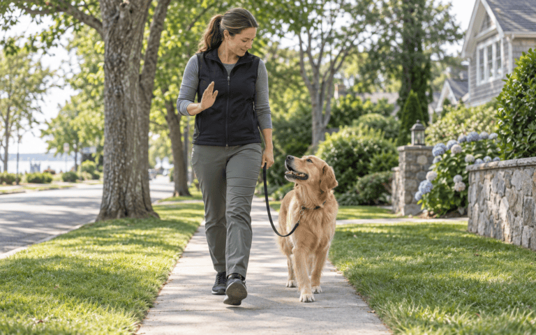 Smiling woman walks her golden retriever on a sunny sidewalk, raising her hand to the friendly dog.
