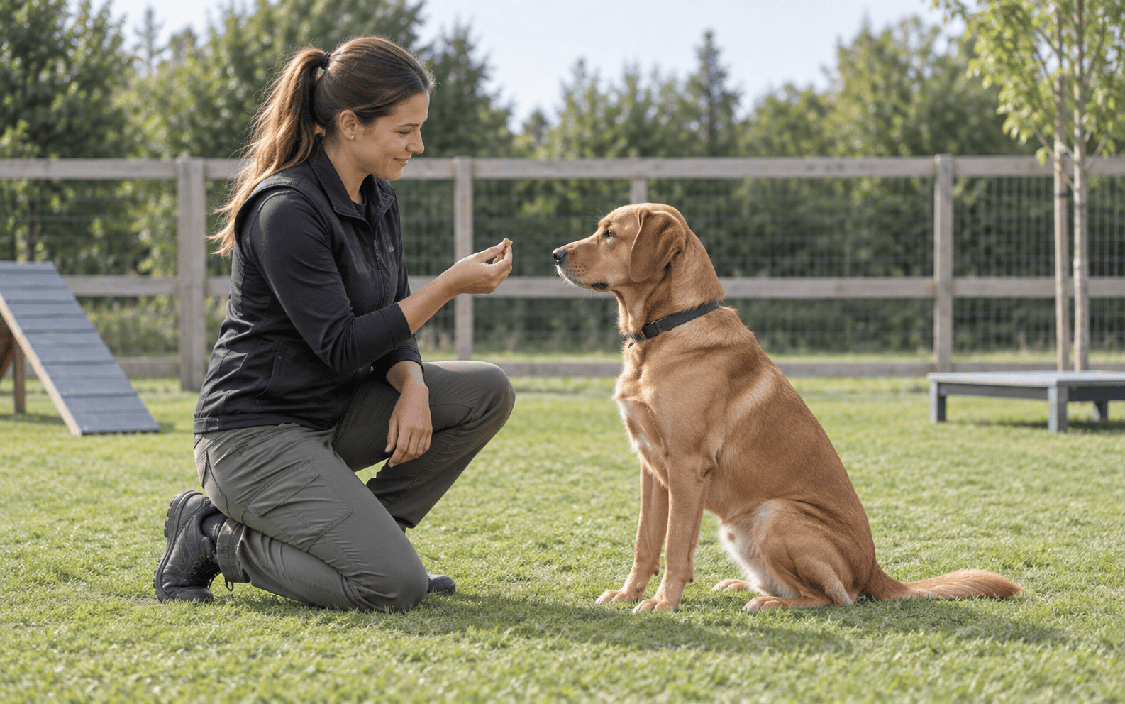 A woman kneels on grass in a fenced outdoor area, offering a treat to her sitting brown dog.