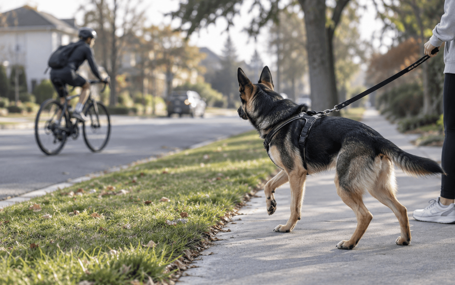 A German Shepherd on a leash in Long island watches a cyclist ride by on an autumn suburban street.