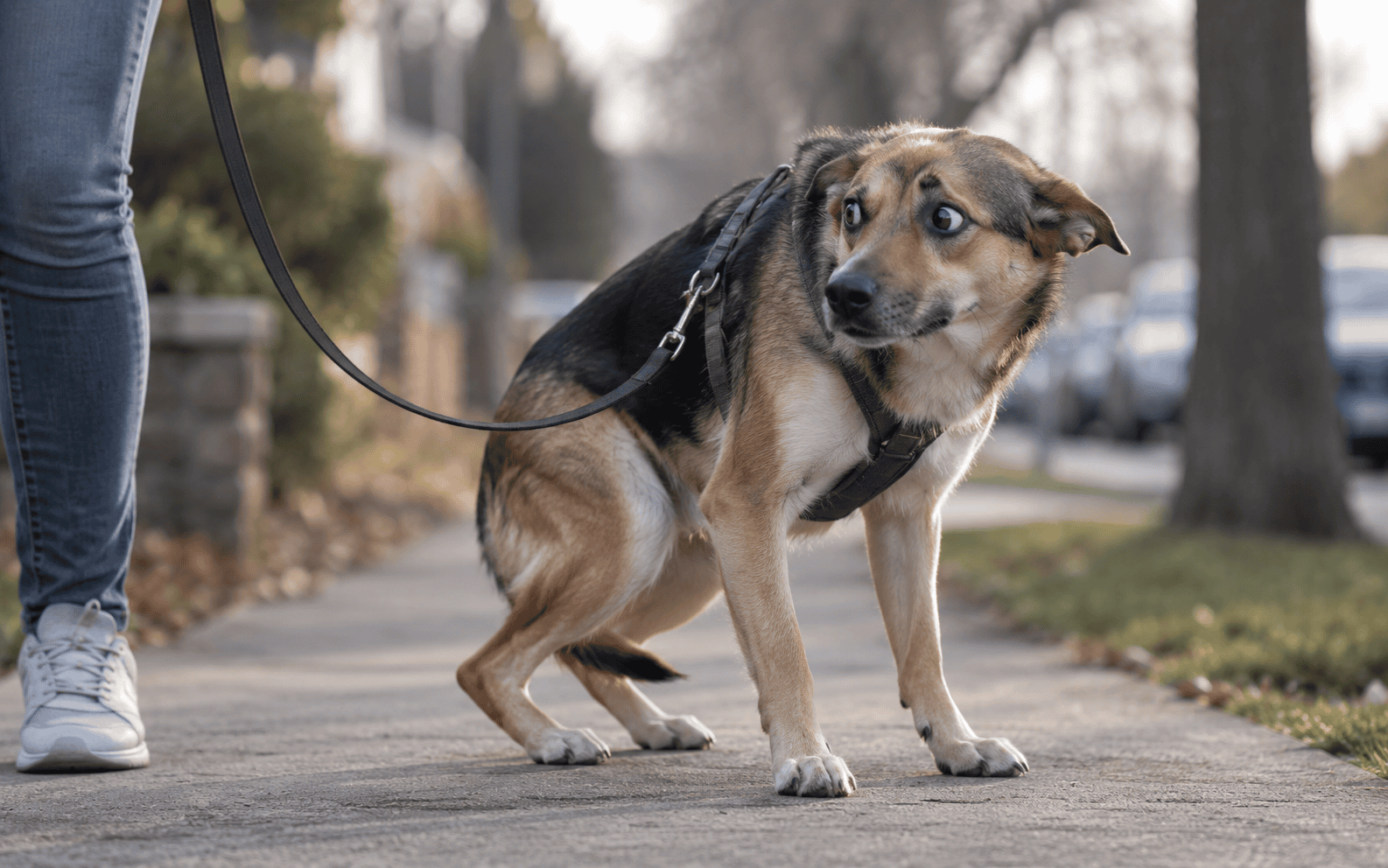 A dog on a leash in long Island looks anxious, walking on a sidewalk beside a person in jeans and sneakers.