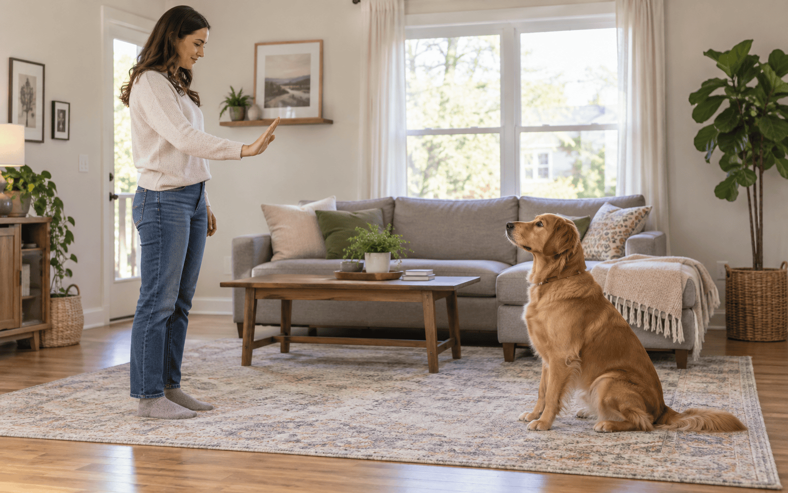 Woman training a golden retriever to sit in a bright living room with gray couch and large windows.
