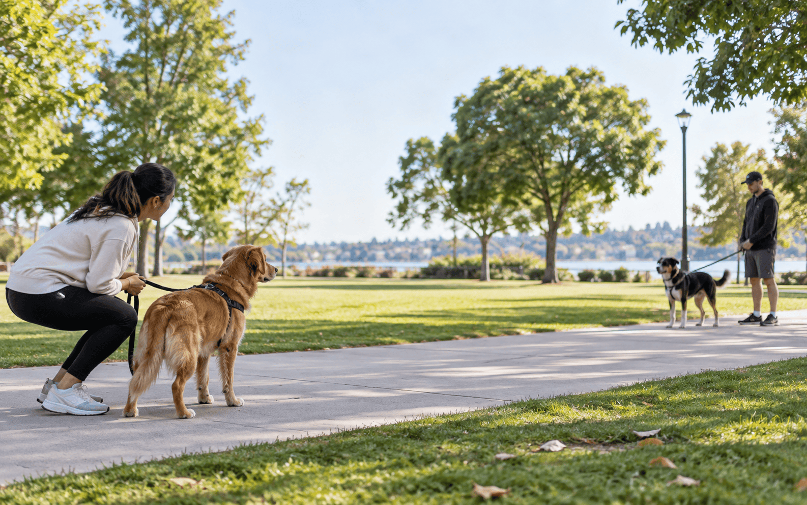 A woman and a man are walking dogs on a sunny park in long island path with trees and a lake in the background.