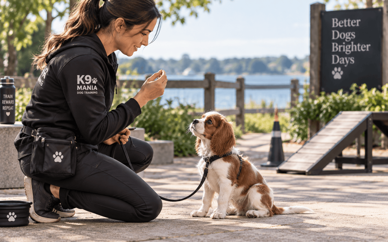 A woman in black trains a small brown and white dog near a “Better Dogs Brighter Days” sign outdoors.