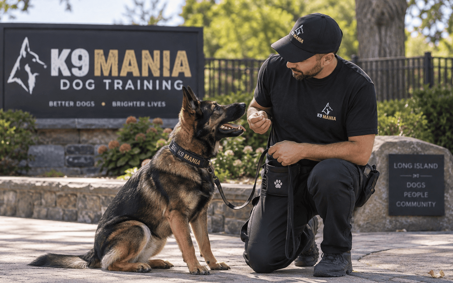 A trainer kneels next to a German Shepherd in a “K9 Mania Dog Training” vest at an outdoor dog training center.