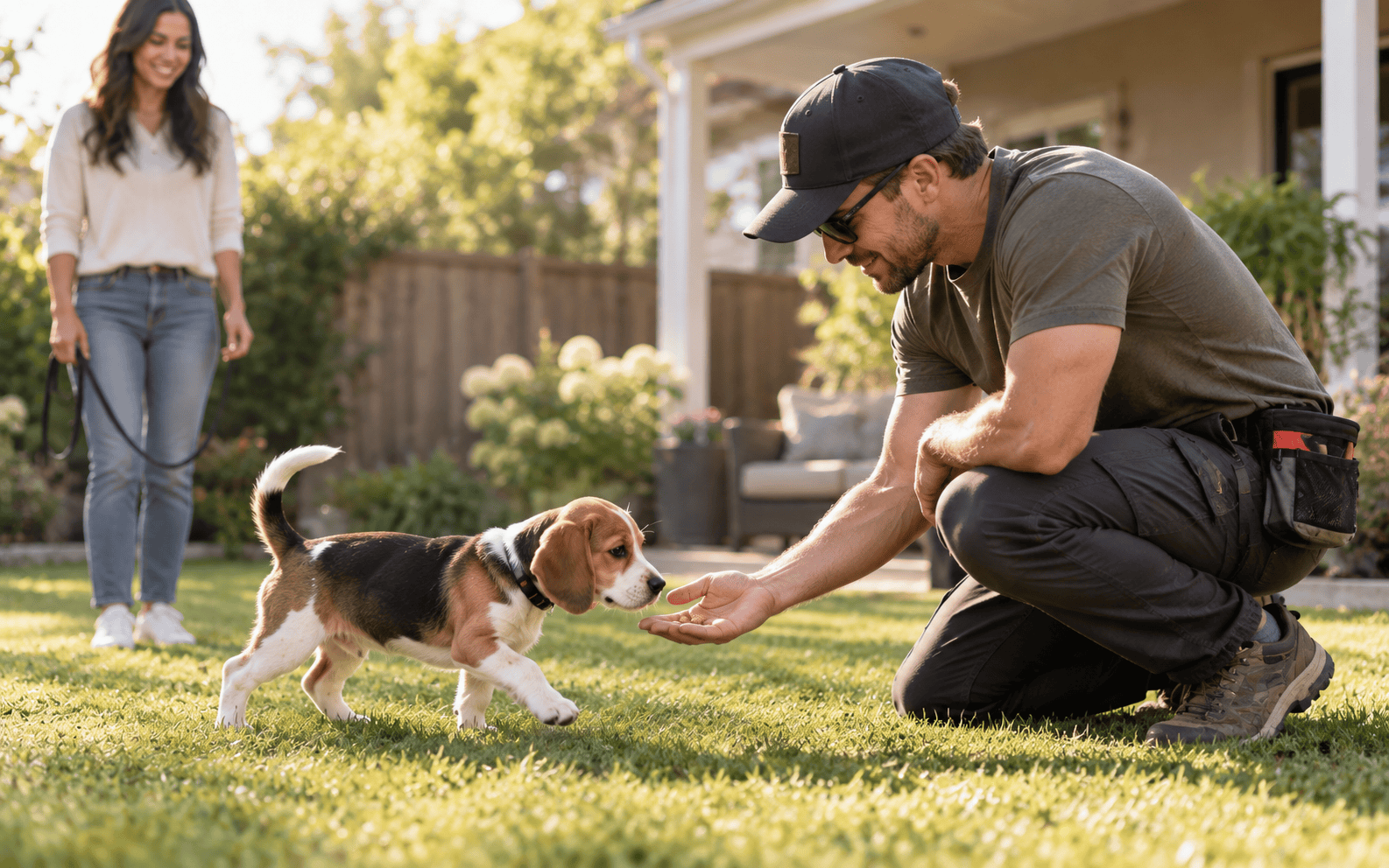A man kneels to feed a beagle puppy in a grassy yard as a woman stands nearby holding its leash.