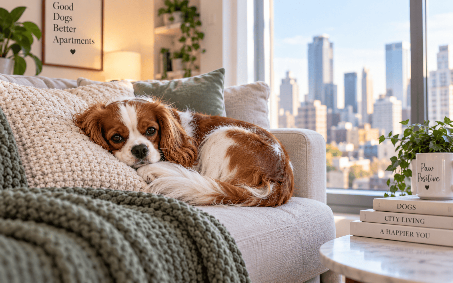 A Cavalier King Charles Spaniel lounges on a cozy couch in a bright apartment with city view.