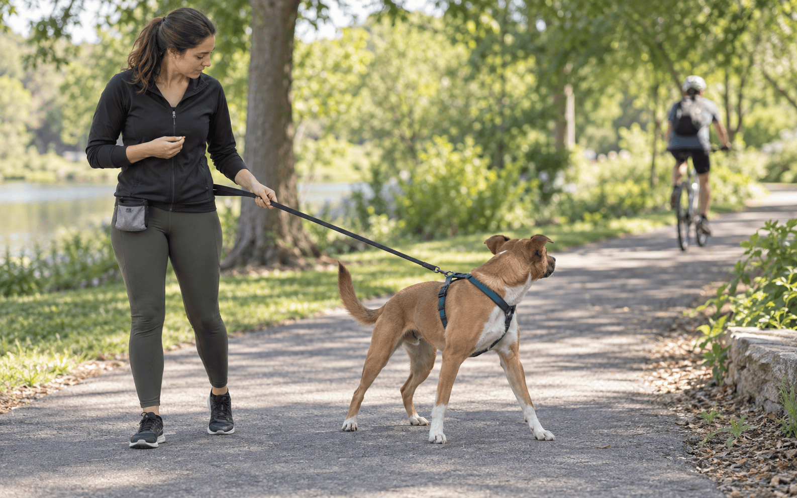 A woman walks a brown dog on a leash in the park as a cyclist rides by in the background.