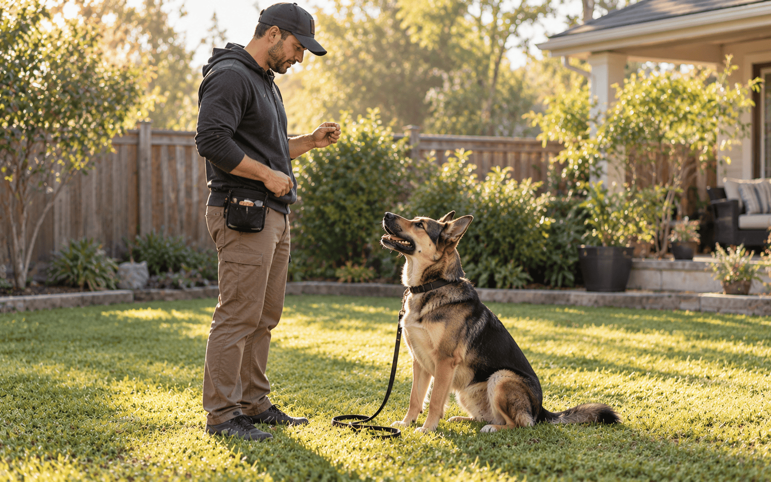 Man training a German Shepherd on a leash in a sunny backyard with green grass, trees, and a house.