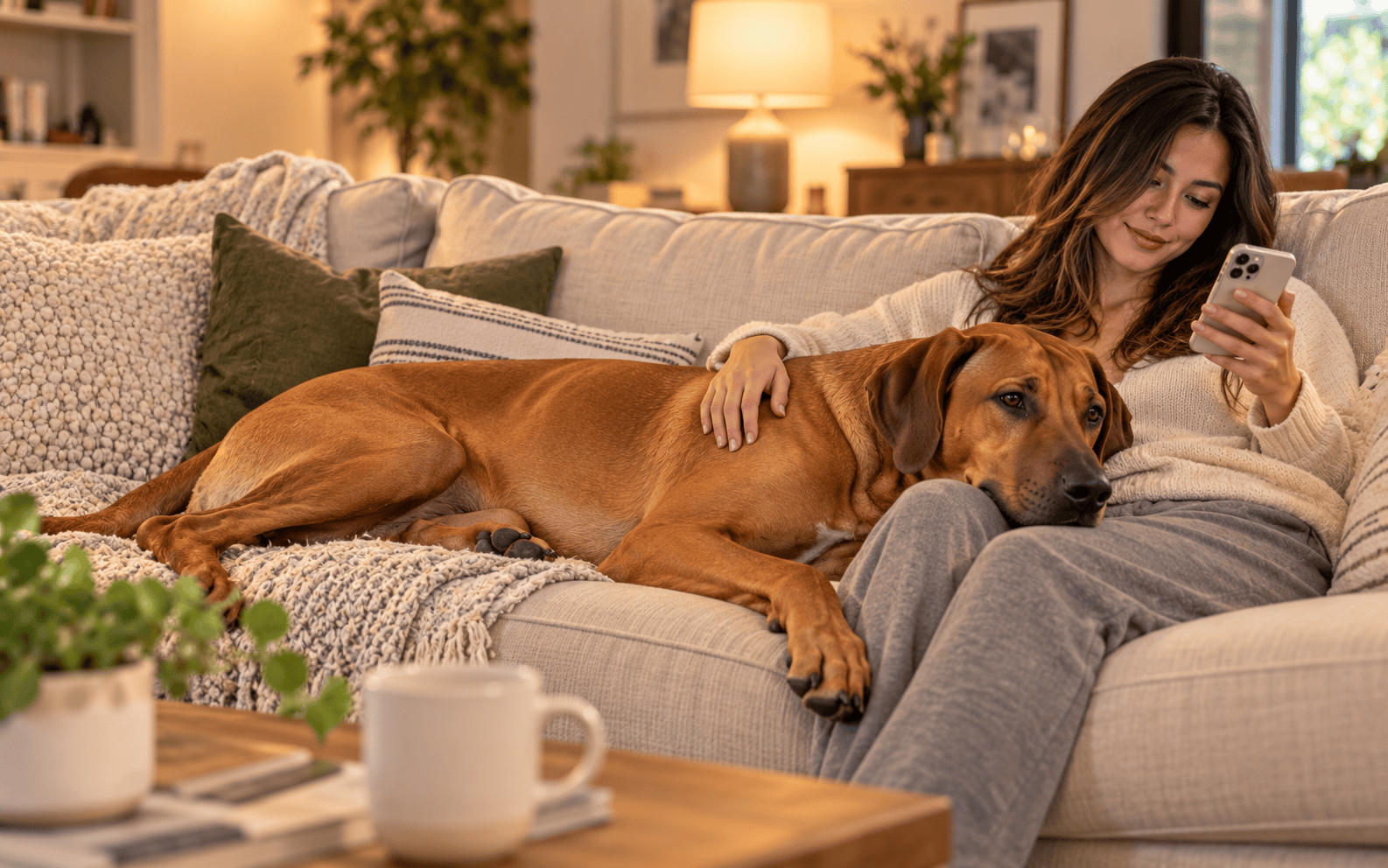 A woman relaxes on a couch, smiling at her phone with her dog in a cozy living room.