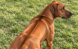 A brown dog with a distinctive fur ridge on its back stands on green grass, looking to the right.
