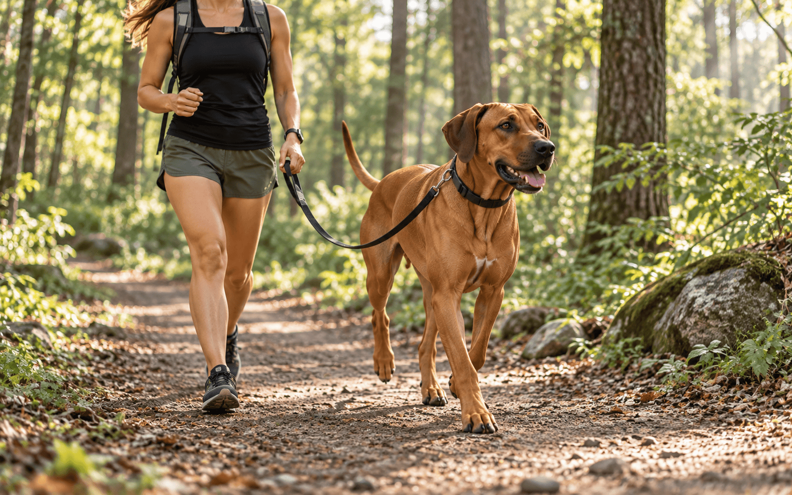 Woman walking a large brown dog on a leash along a sunny forest trail, both appear content and active.
