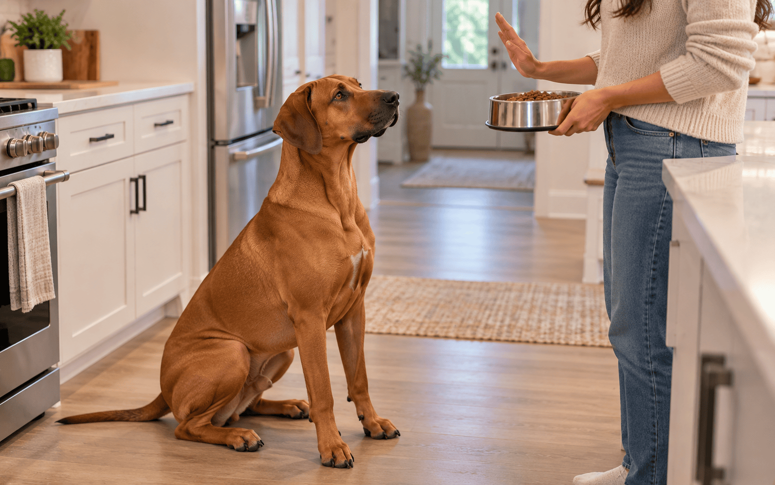 A large brown dog sits in a kitchen as a person holds the food bowl, signaling the dog to wait patiently.