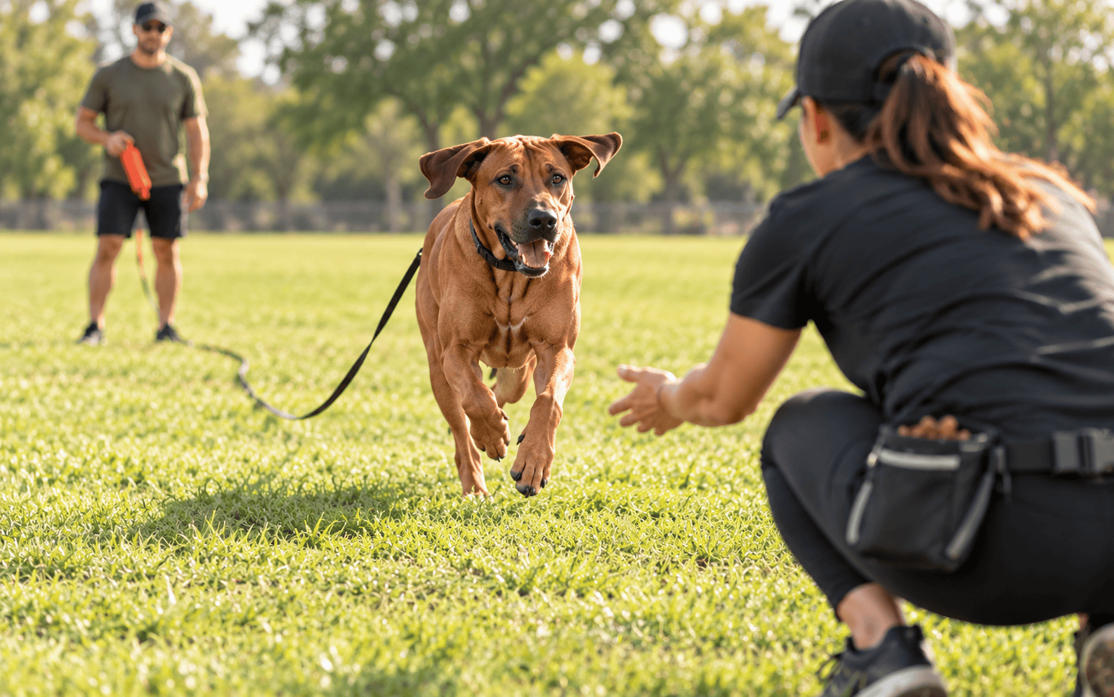 A brown dog on a leash runs toward a crouching woman, with a man standing on the grass in the background.
