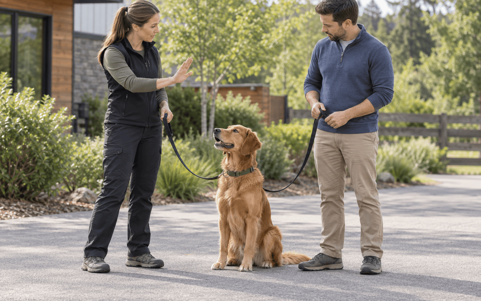 A woman trains her golden retriever while a man holds the leash outdoors on a sunny day.