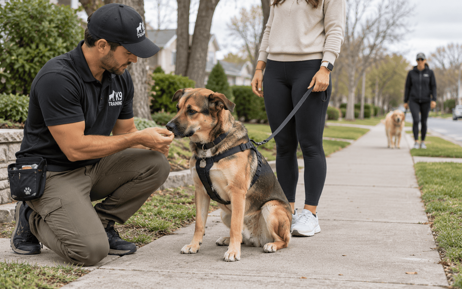 A dog trainer kneels, giving a treat to a leashed dog sitting next to a woman on the sidewalk.