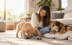 Woman sitting on rug in a sunny room as a puppy plays with a rope toy and an adult dog rests beside her.