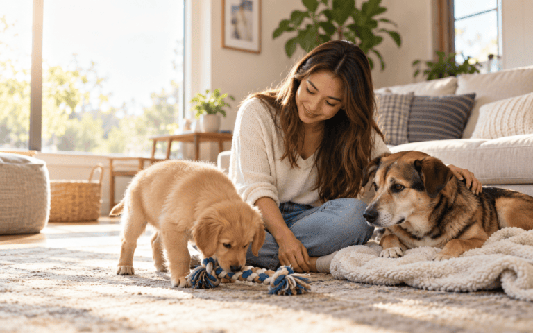Woman sitting on rug in a sunny room as a puppy plays with a rope toy and an adult dog rests beside her.