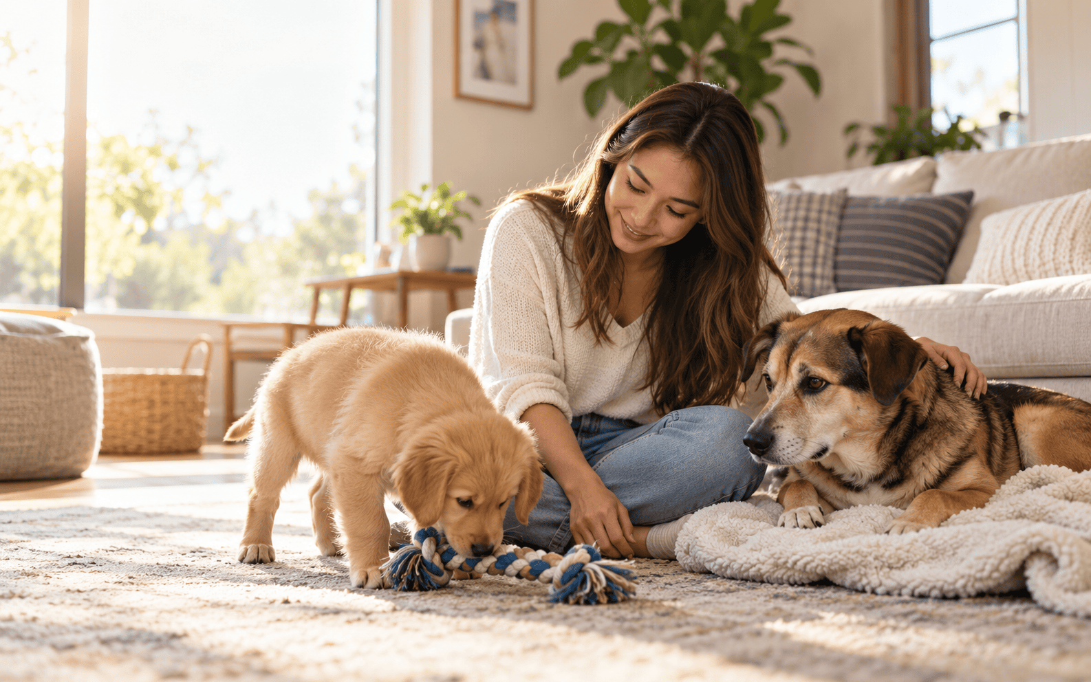 Woman sitting on rug in a sunny room as a puppy plays with a rope toy and an adult dog rests beside her.