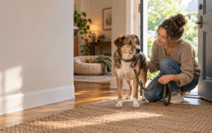 333 Rule for Dogs. A woman kneels by a doorway while holding the leash of her medium-sized dog.