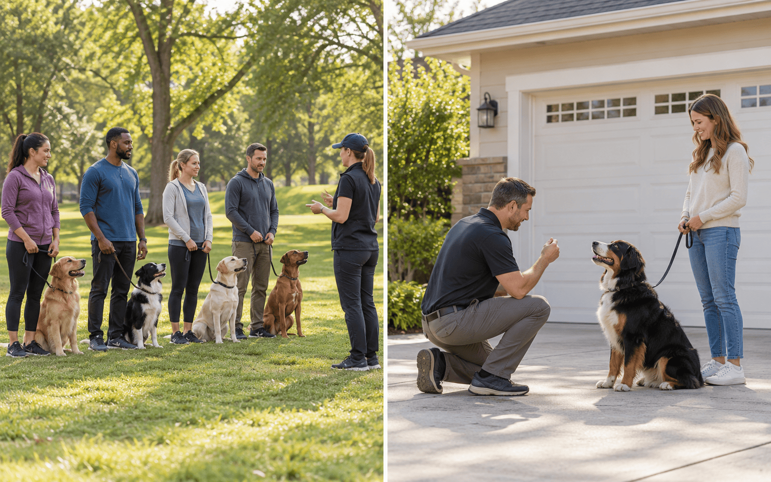 A dog trainer leads a park group session while a couple trains their dog on a residential driveway.