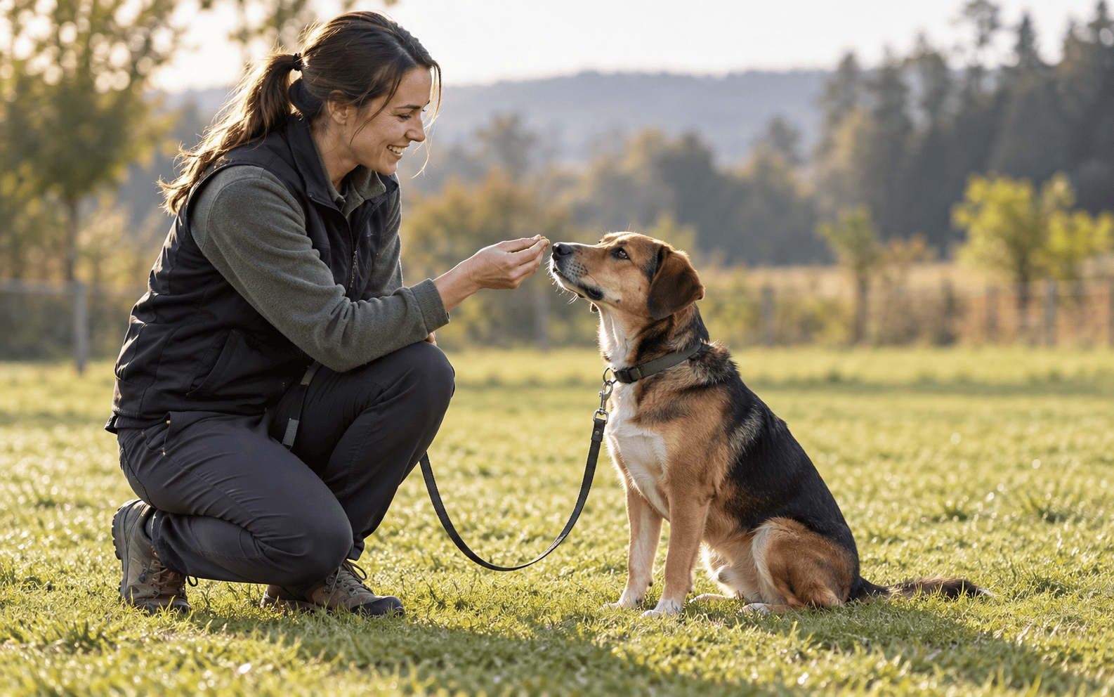 A woman kneels in a grassy field to give a treat to a dog on a leash.