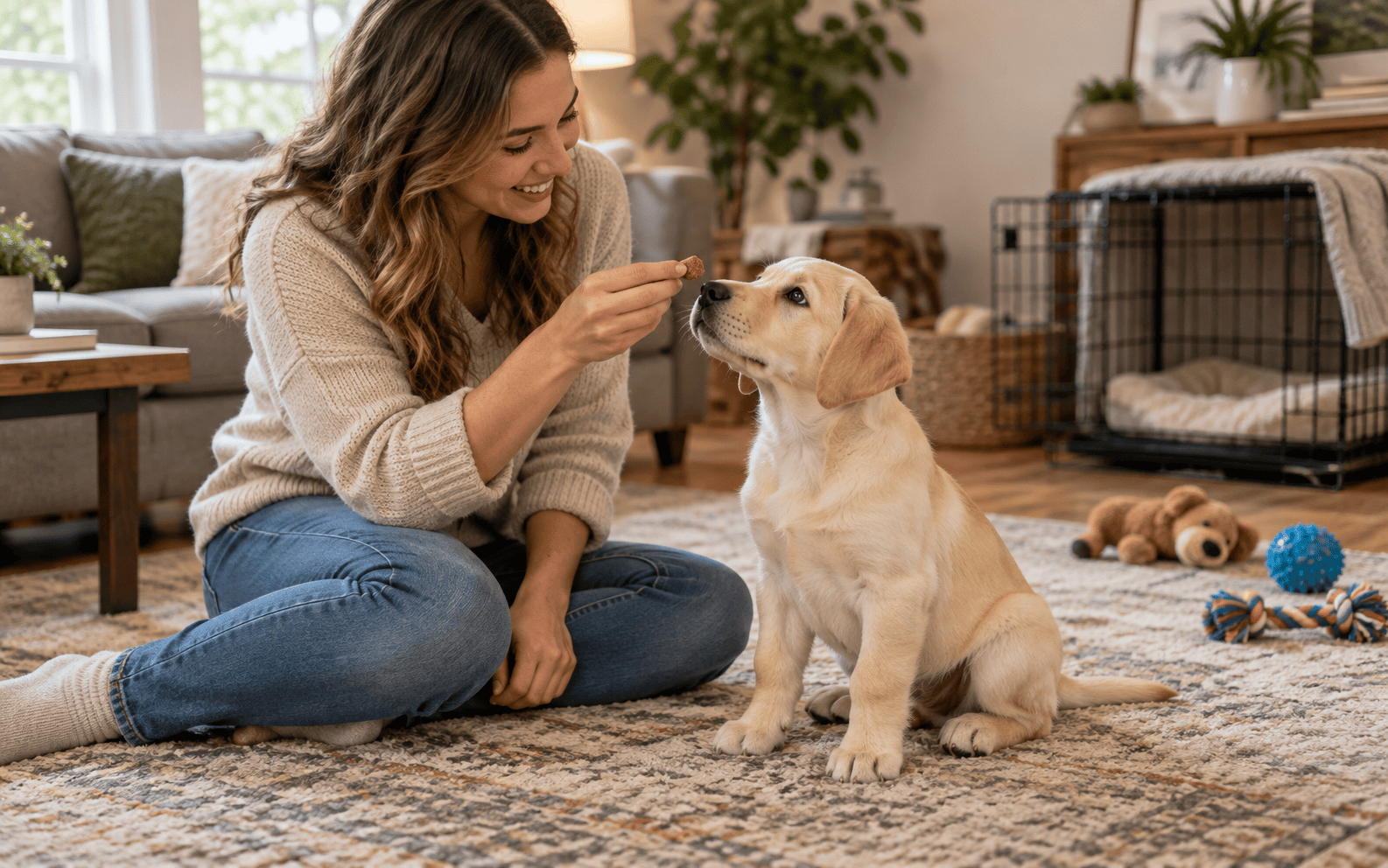 A smiling woman gives a treat to a yellow Labrador puppy sitting on a rug.