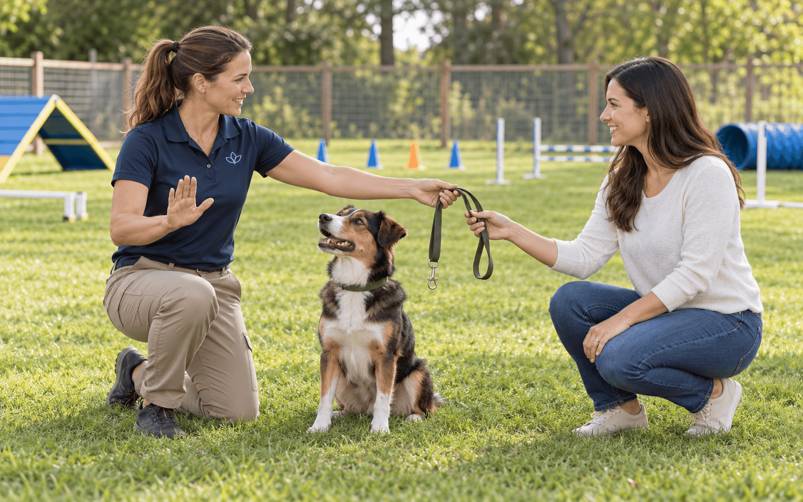 Two women train a tri-color dog on a leash while walking through a park.