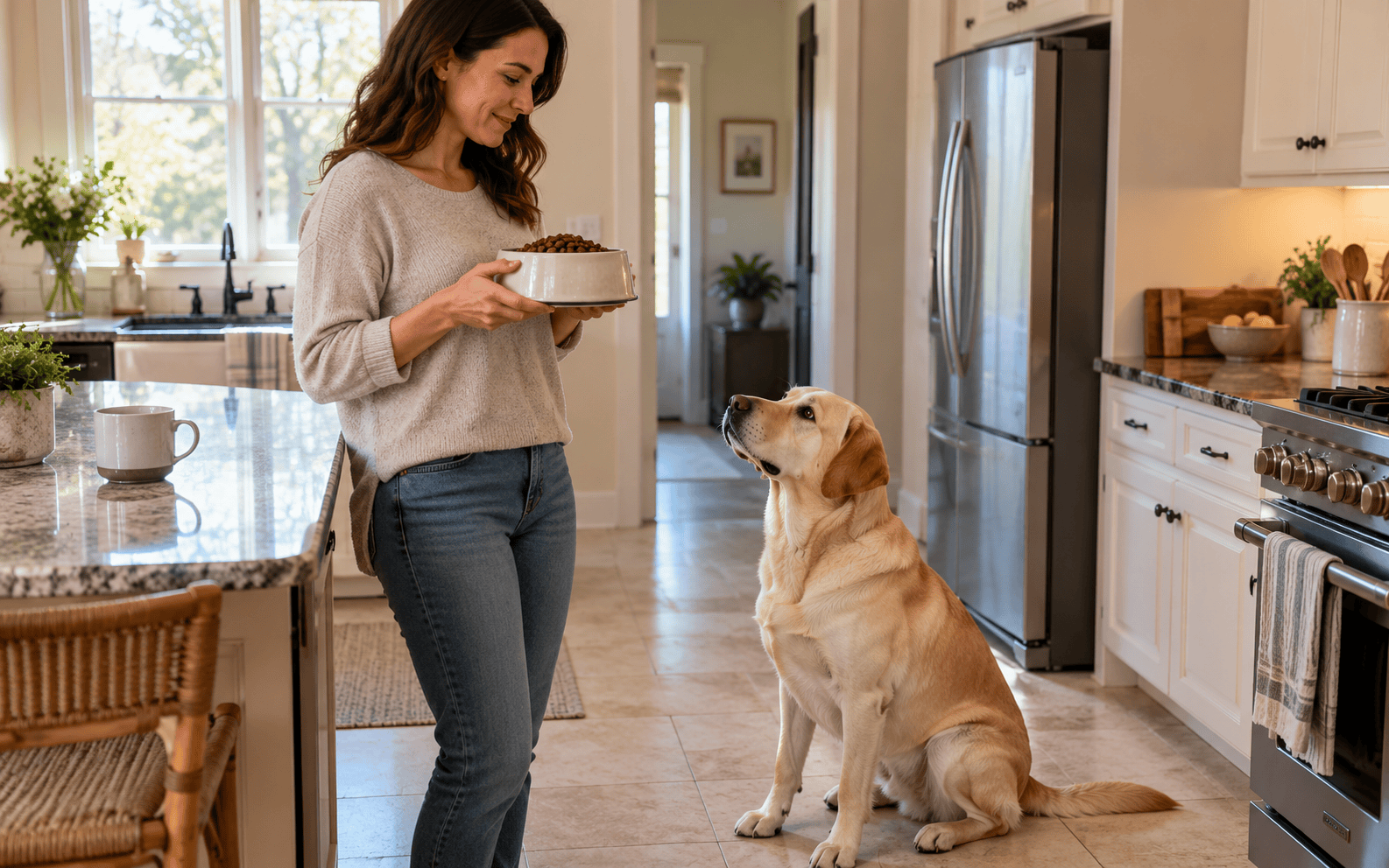A woman holds a bowl of dog food as a yellow Labrador retriever sits and looks up at her.