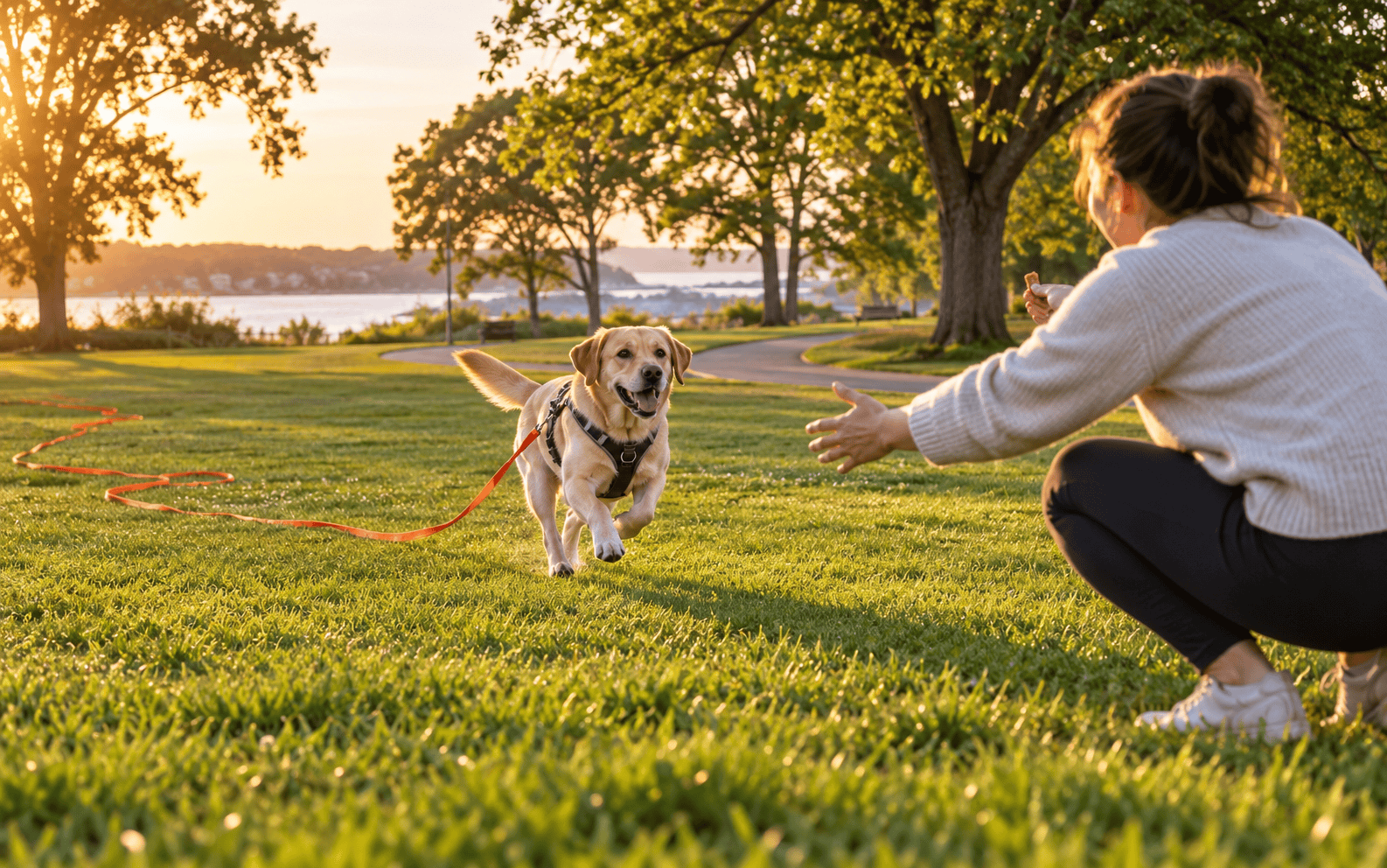A woman kneels in a park as a yellow Labrador retriever runs toward her on a long red leash.
