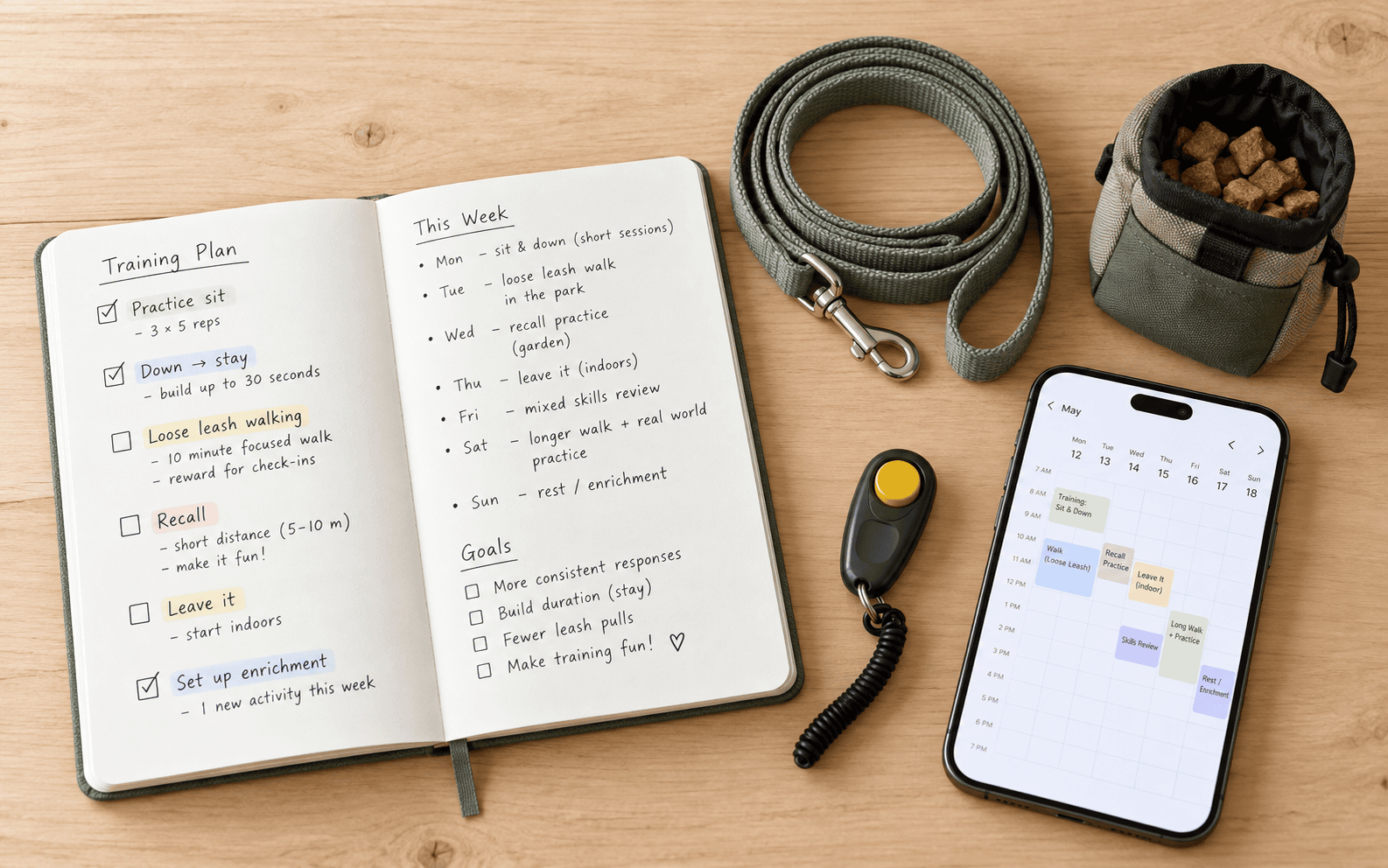 An open dog training planner displayed with a leash, treat pouch, and a smartphone calendar.