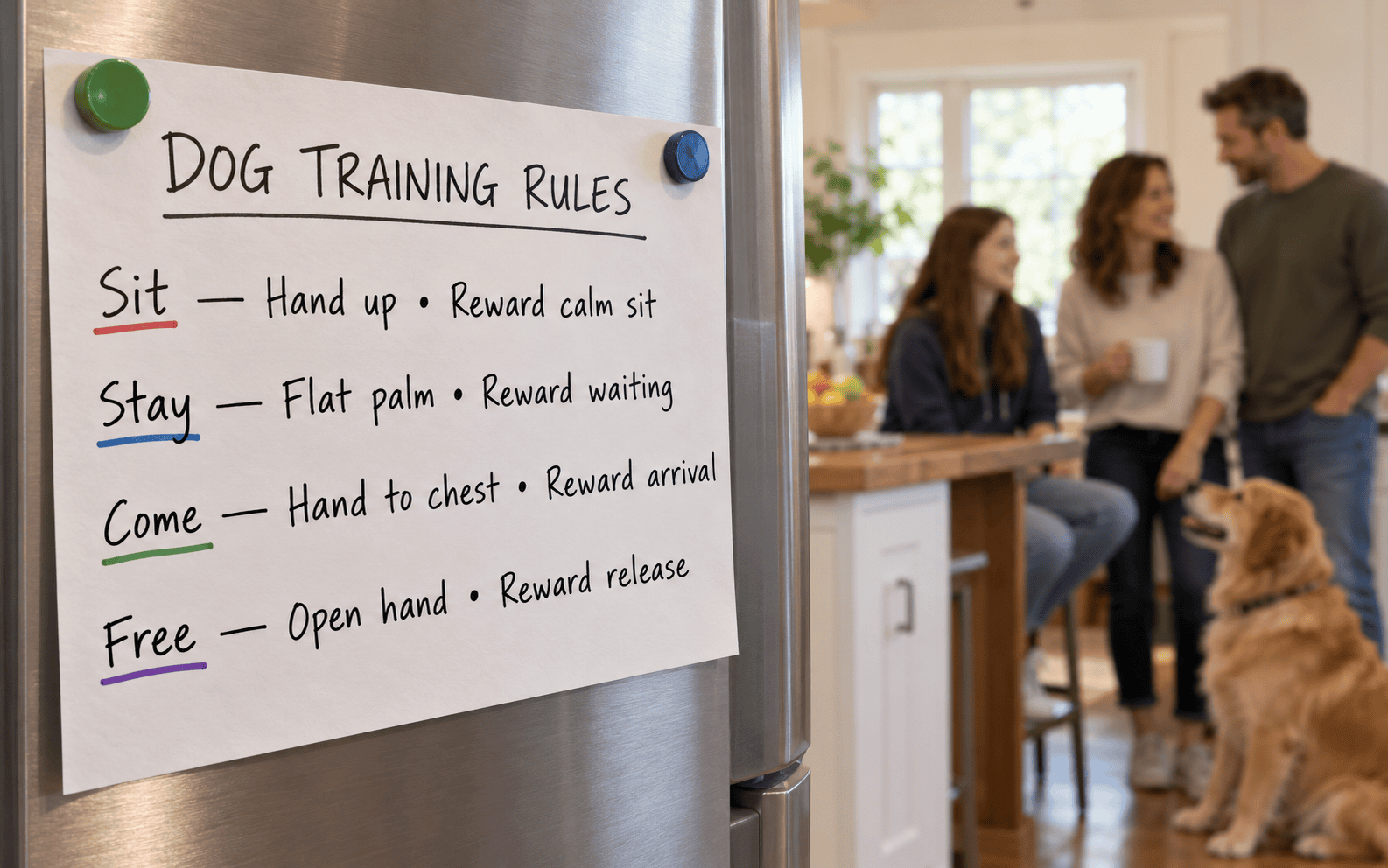 A golden retriever and family in a kitchen with dog training rules posted on a refrigerator.