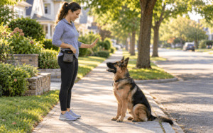 A woman trains her German Shepherd on a residential sidewalk in Long Island. how to maintain dog training long-term with daily practice