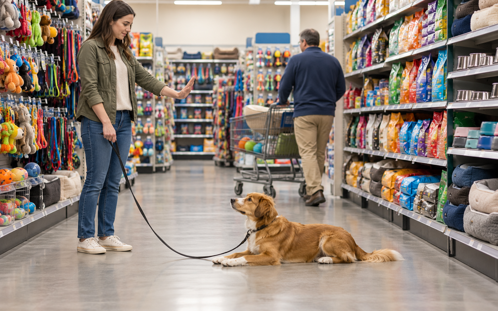 A woman uses a hand signal to train her dog to stay in a pet supply aisle.