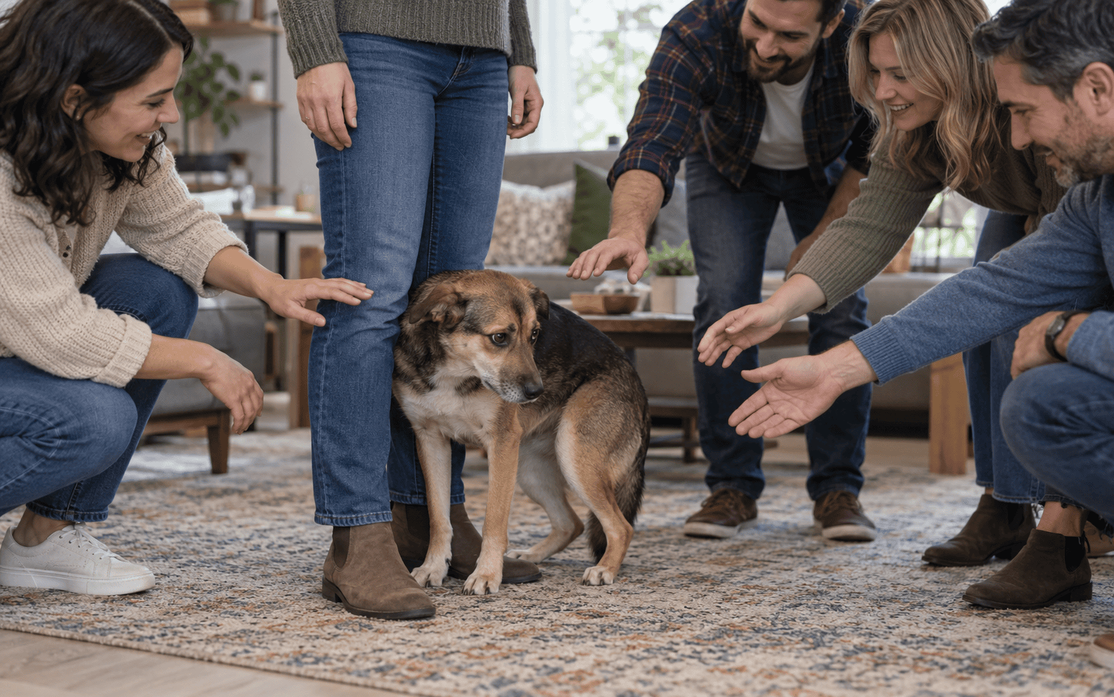 Four adults crouch in a circle, gently reaching toward a small, timid dog standing by a person’s legs.