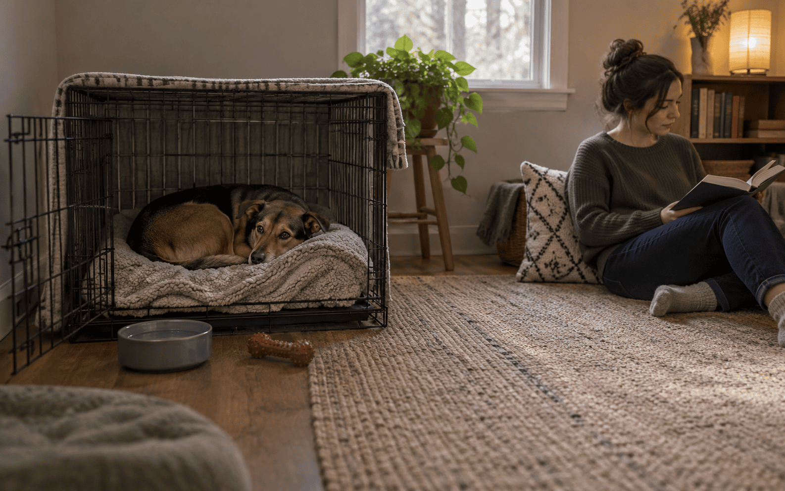 A dog rests in a wire crate as a woman reads a book on the living room floor.
