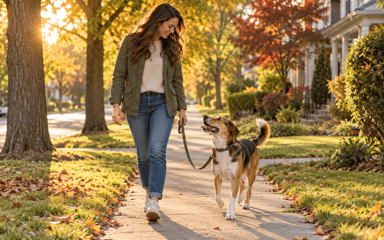 A woman walks her dog on an autumn neighborhood sidewalk during the golden hour.
