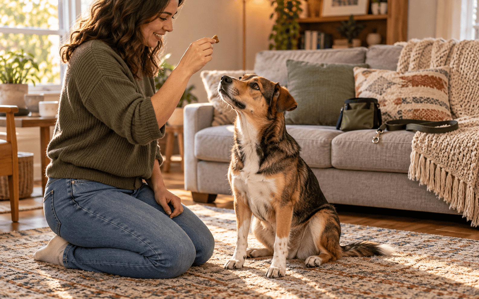 A woman kneels on a living room rug while training her dog with a treat.